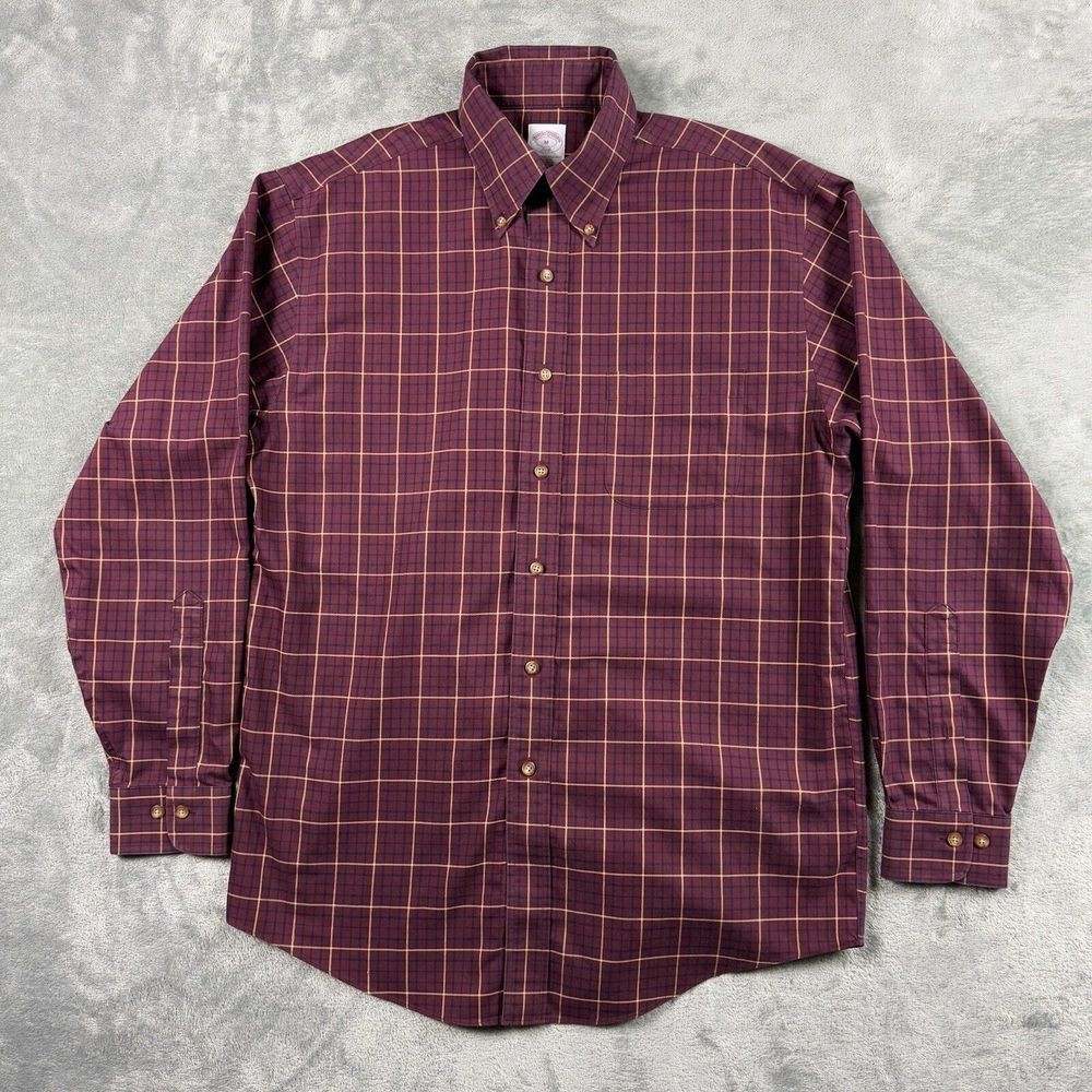 Brooks Brothers 346 Dress Shirt Men Medium Maroon Plaid Check Button-Down Preppy - Picture 1 of 12